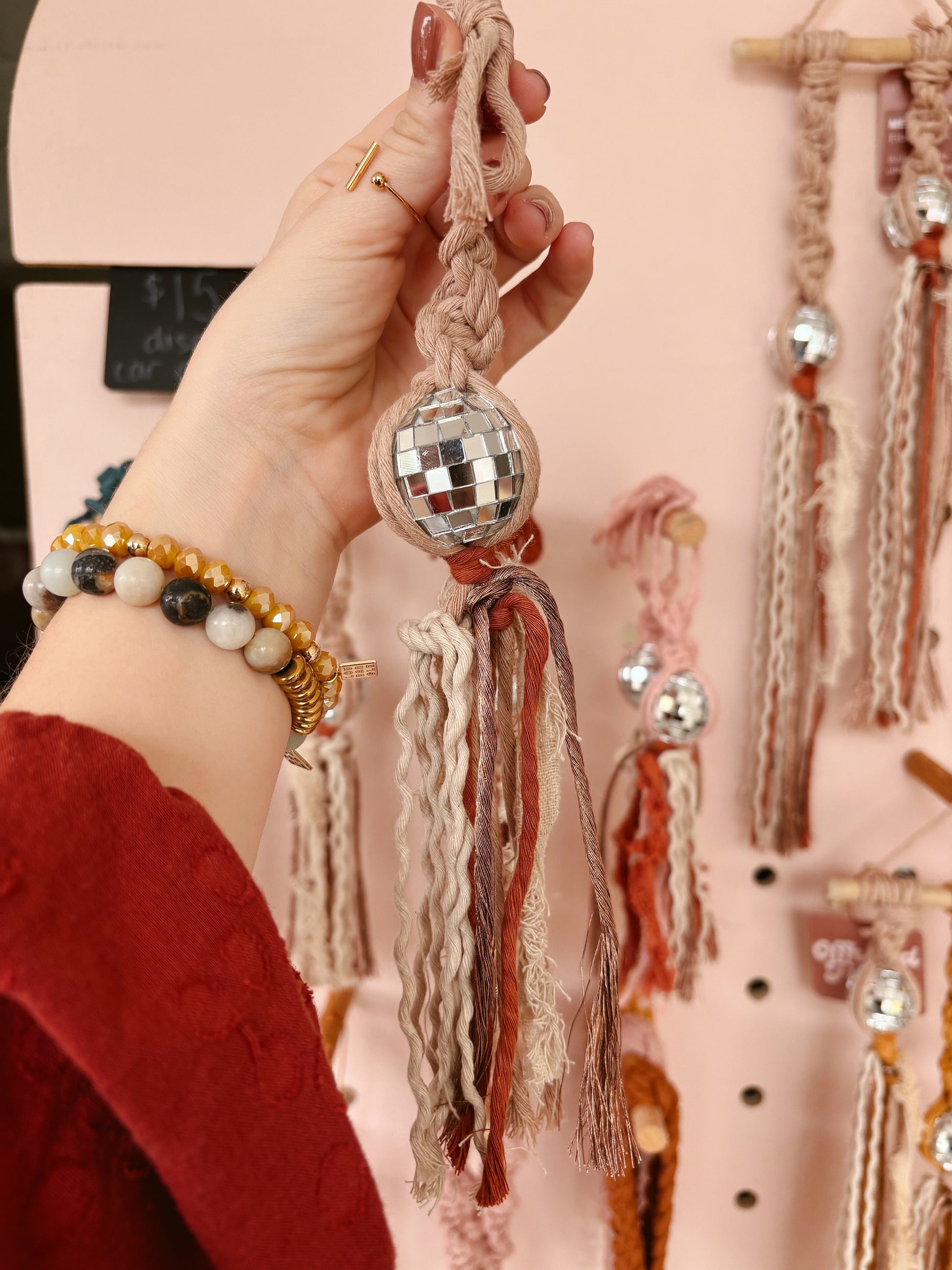 Neutral Disco Ball Car Charms | Boho Accessories | Retro Accessories | Rearview Mirror Accessories